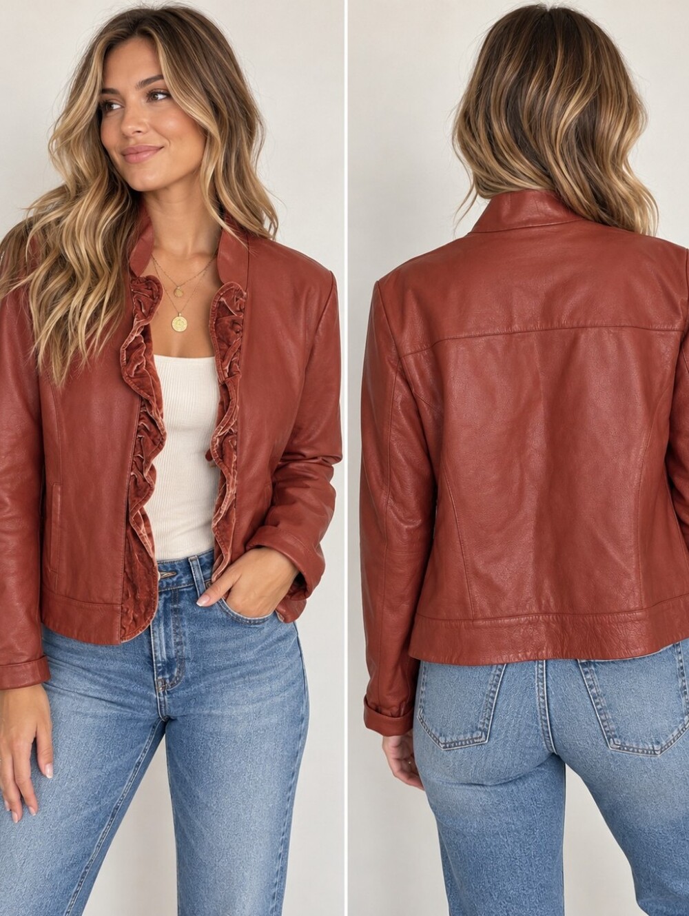 Metrostyle 2X Size 20 Genuine Leather Jacket Rust Velvet Ruffle Boho Y2K